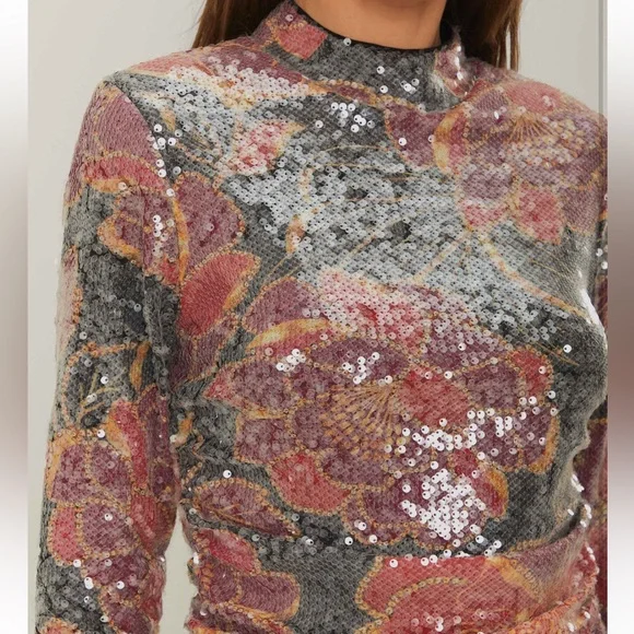 NWT Farm Rio Chita Tulle Black Flower Sequin Top Sparkle - Picture 3 of 5